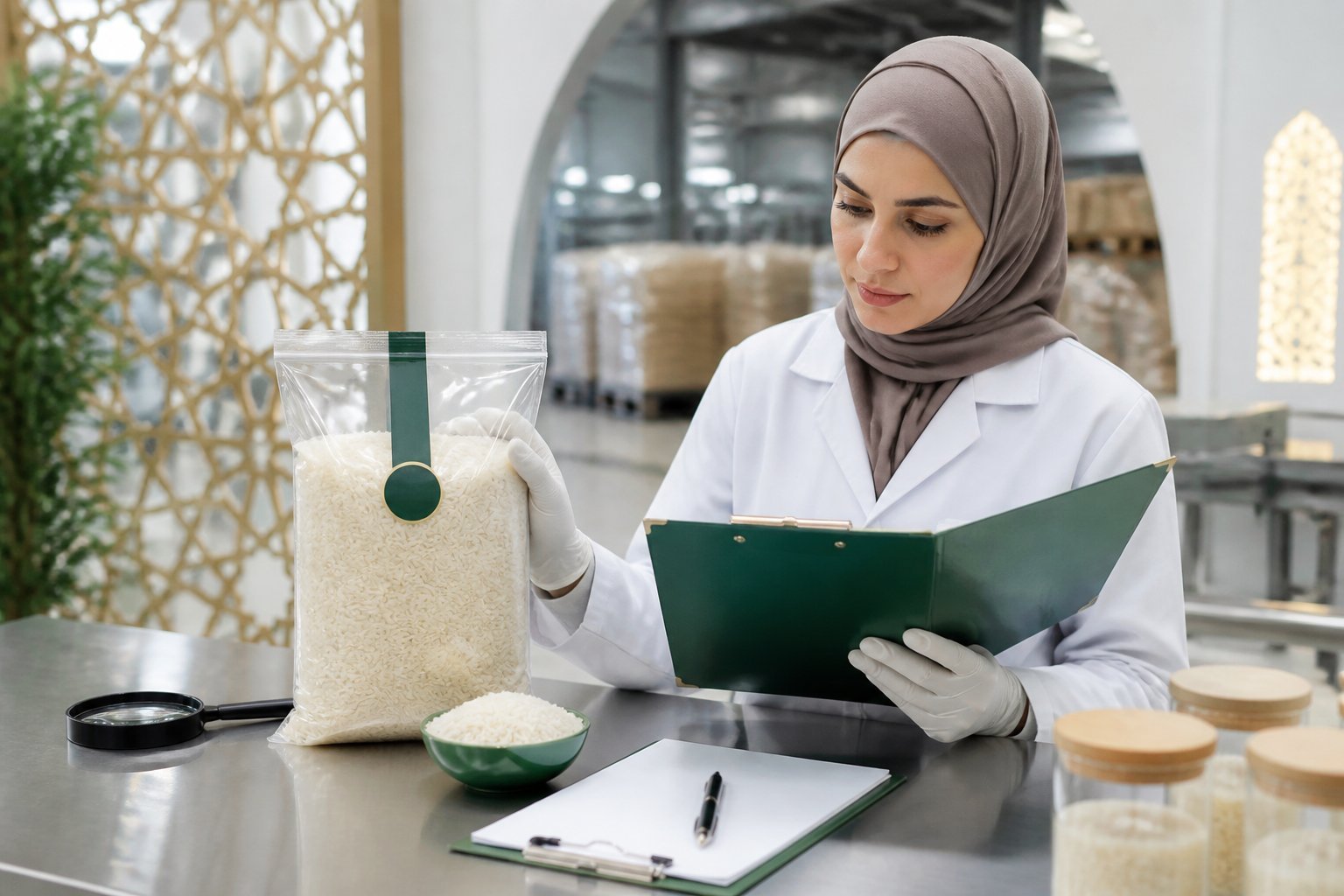 Compliance officer checking packaged rice and certificates