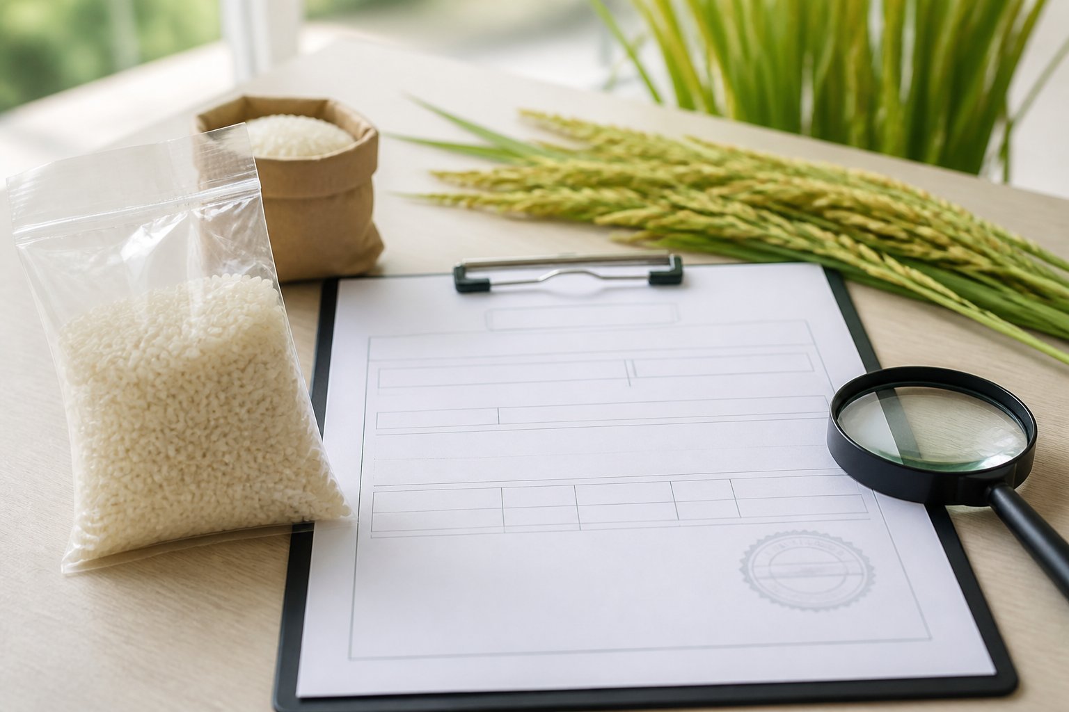 Phytosanitary certificate for rice: sample beside an inspection form and magnifier