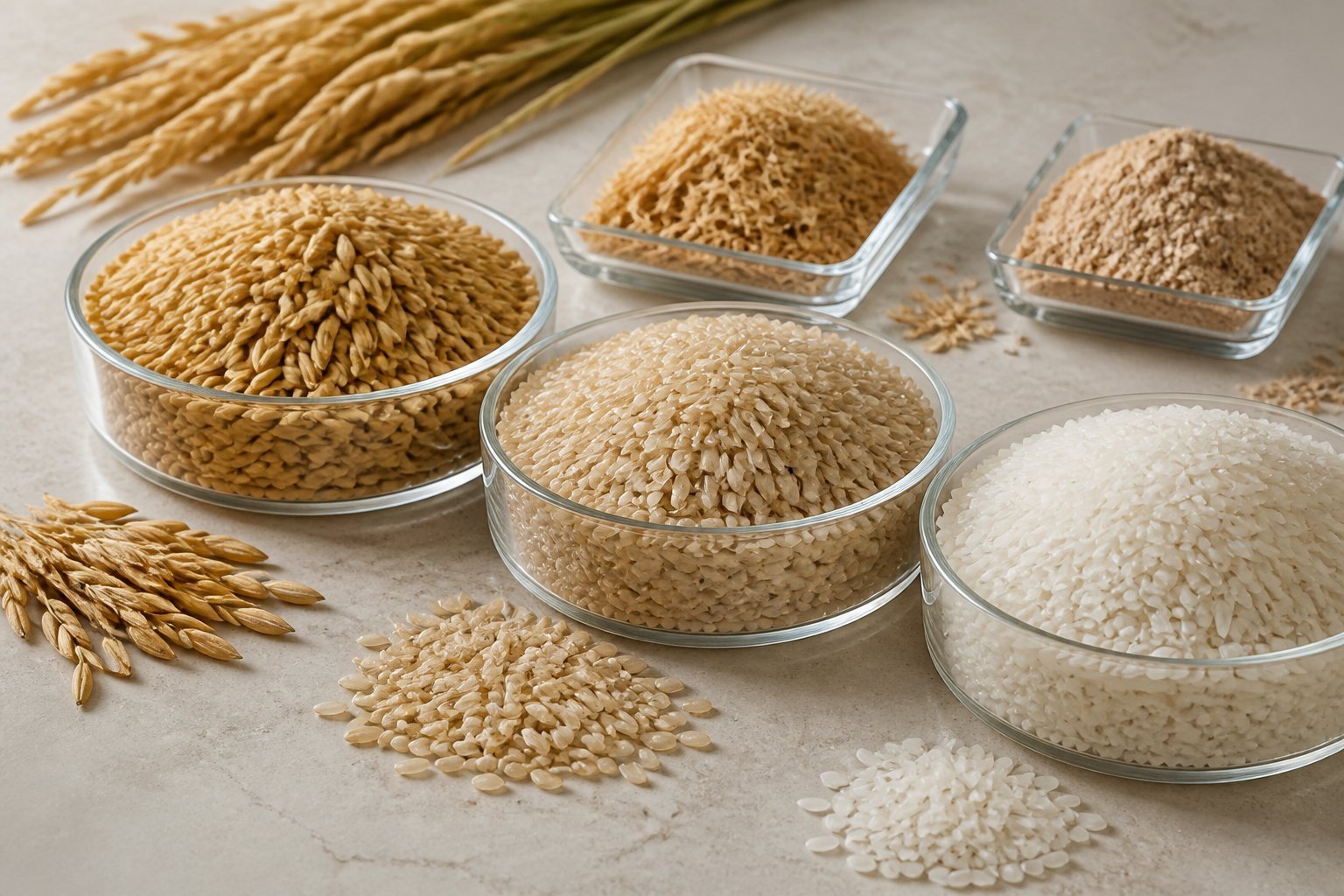 PK-386 rice at each processing stage, from husked grains to polished white rice