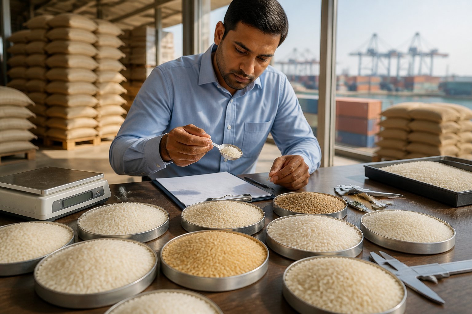 Rice buyer comparing several samples on an inspection table