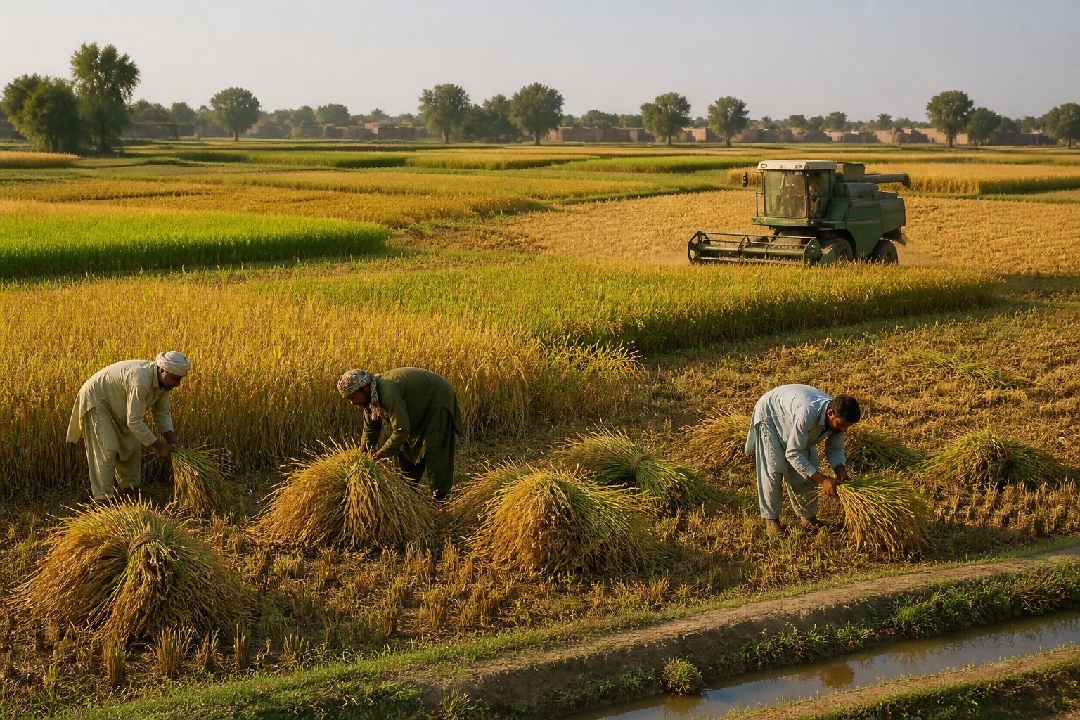 Rice fields at different stages of ripeness in rural Pakistan