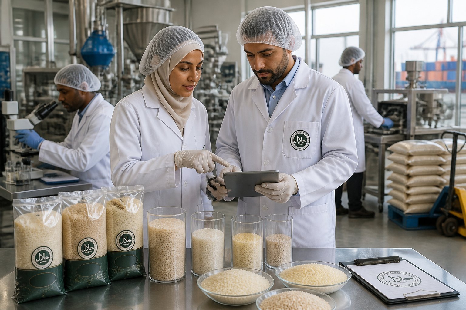Food safety staff inspecting rice samples in a processing facility