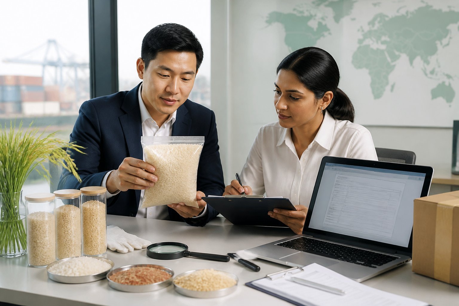 Two officers checking a rice sample and import documents
