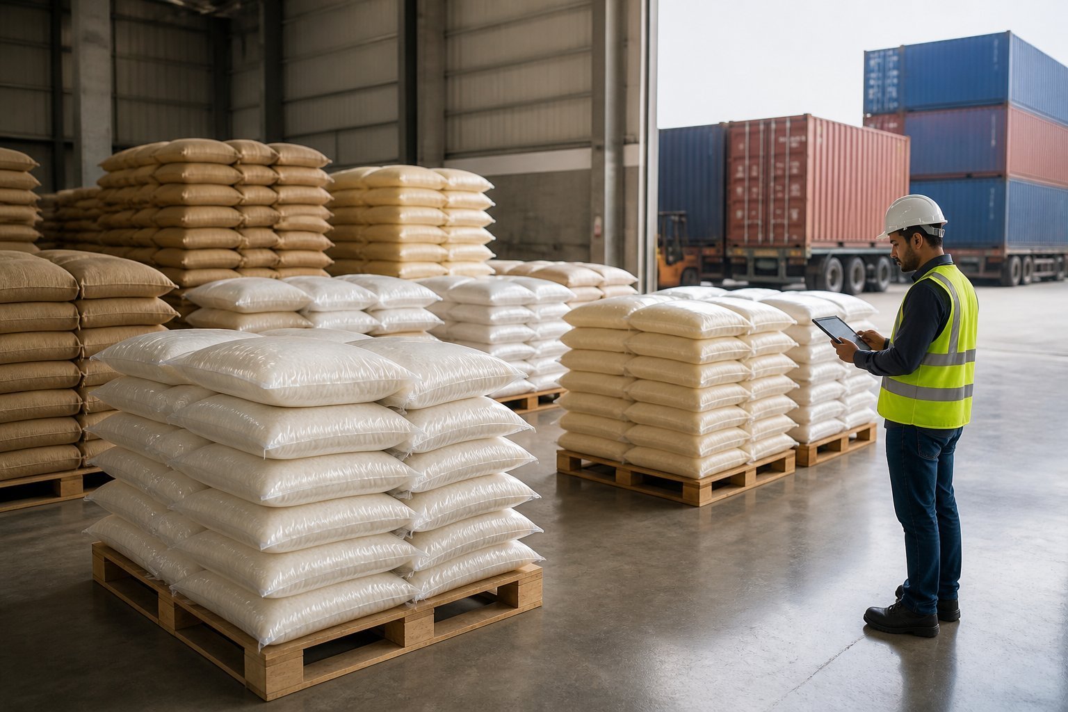 Rice import MOQ: pallets of rice sacks ready for export