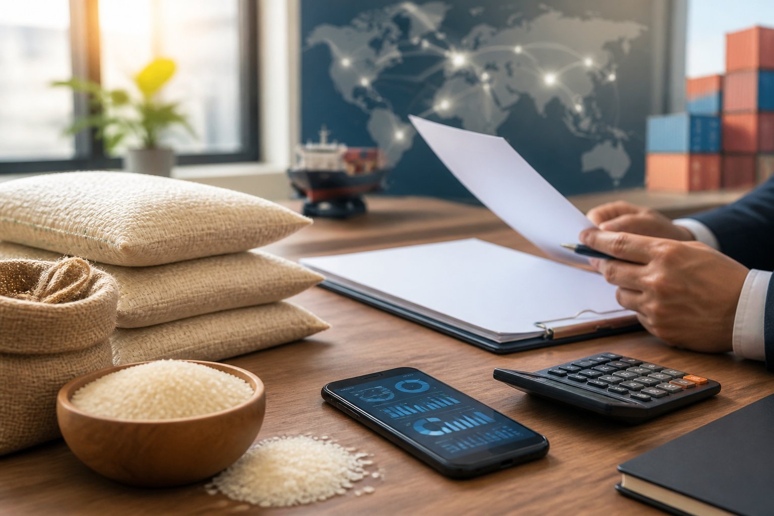 Rice import payment terms: trade papers, rice samples and shipping items on a desk