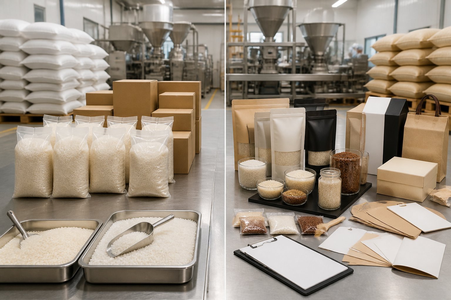Plain standard rice packs beside custom premium packs