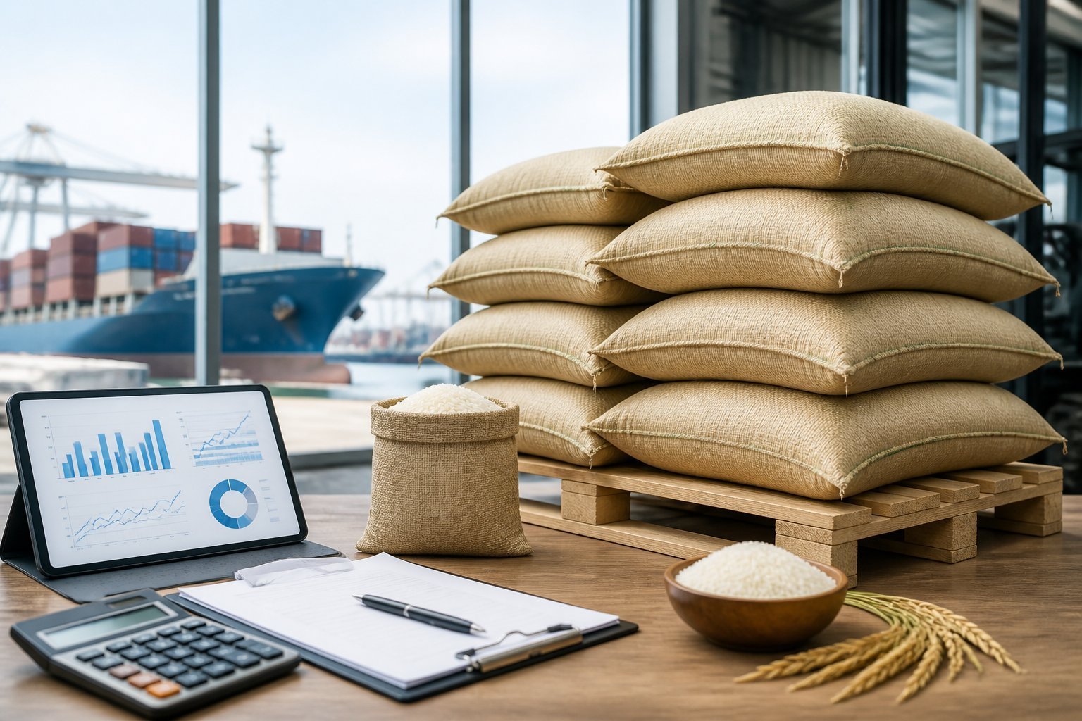 Rice sacks in a warehouse beside shipping documents