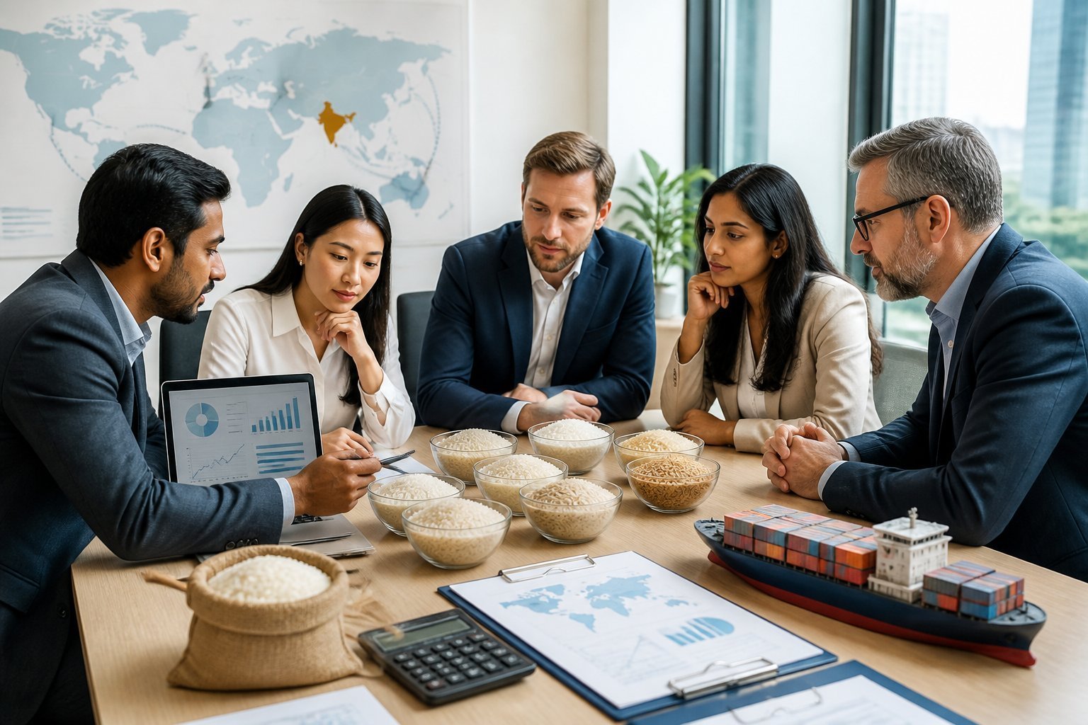 Buyers reviewing rice samples and shipping plans in an office
