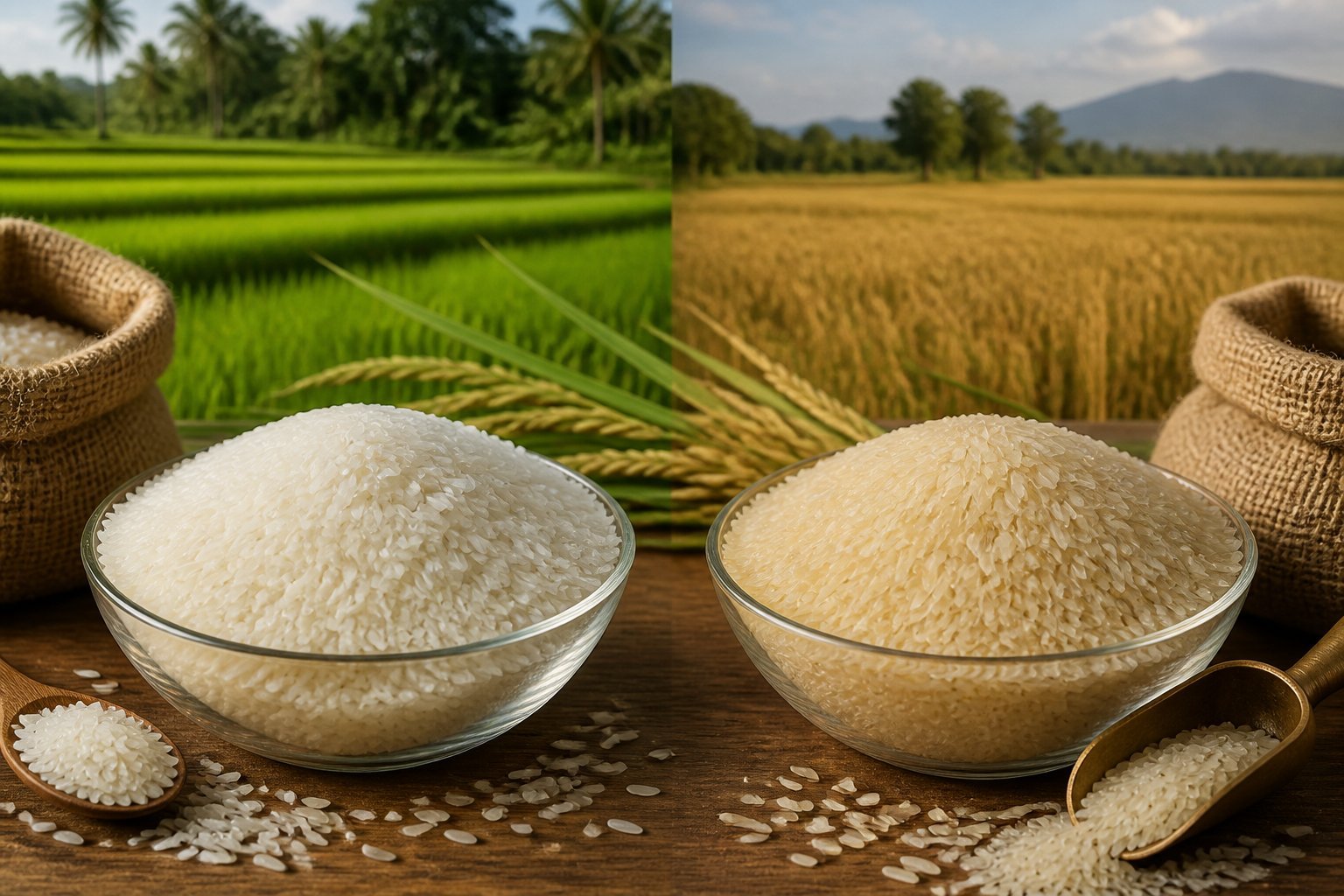 Two uncooked rice samples side by side against different farm landscapes