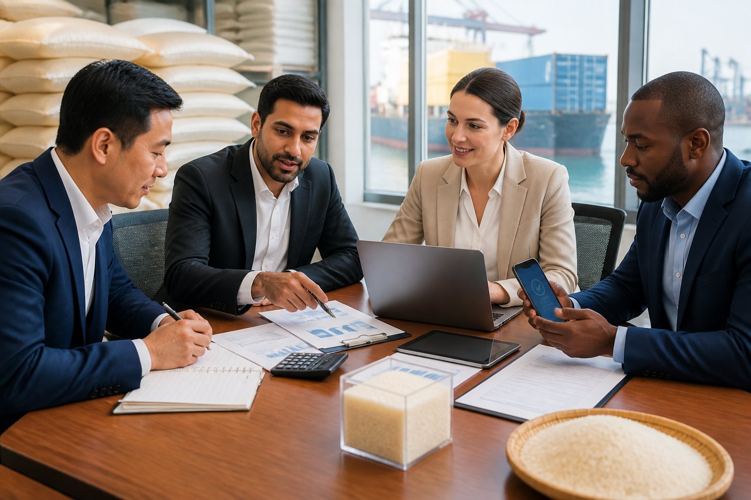 Rice traders reviewing payment and shipment documents at a conference table