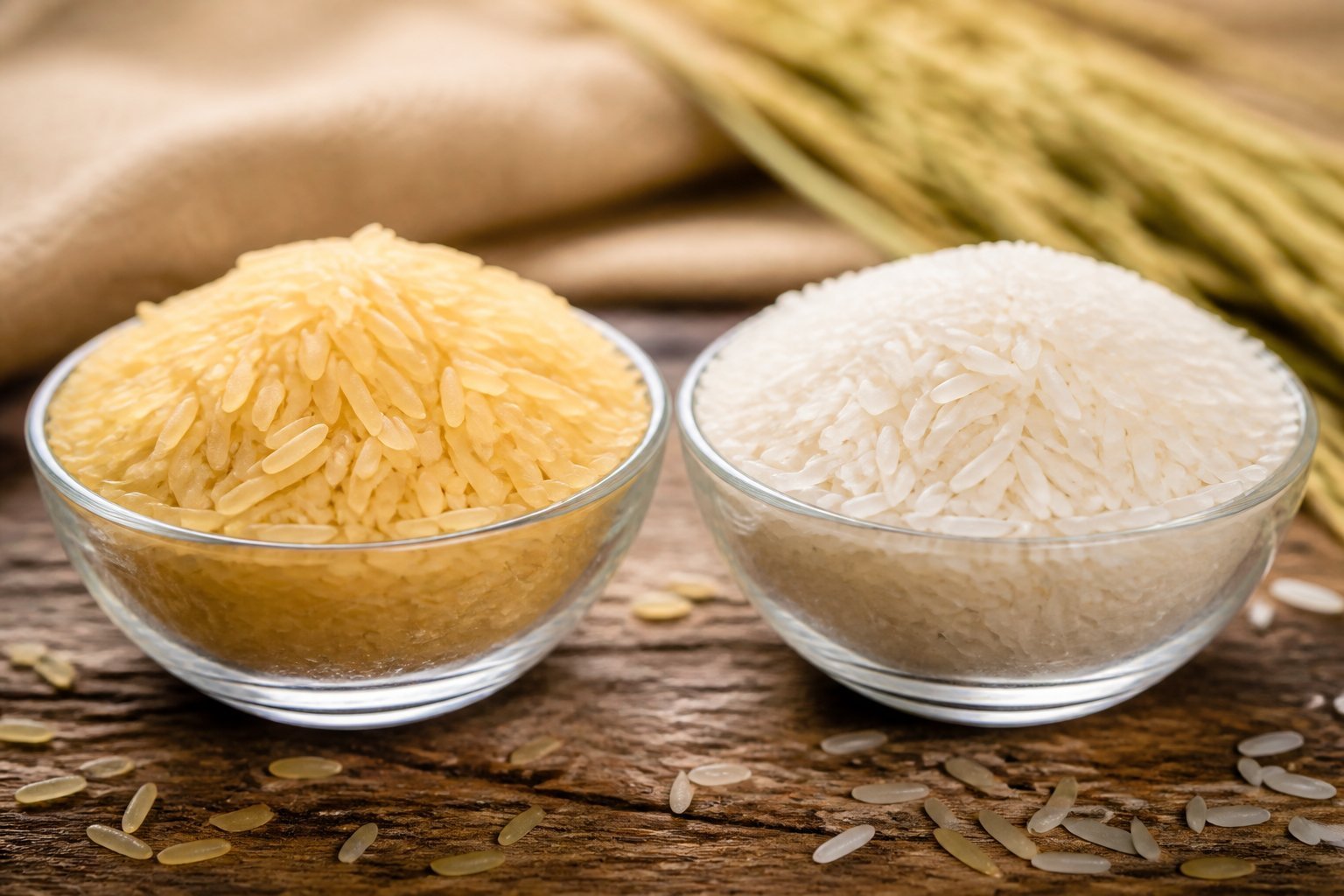 Sella vs raw basmati: golden sella and white raw basmati in two glass bowls