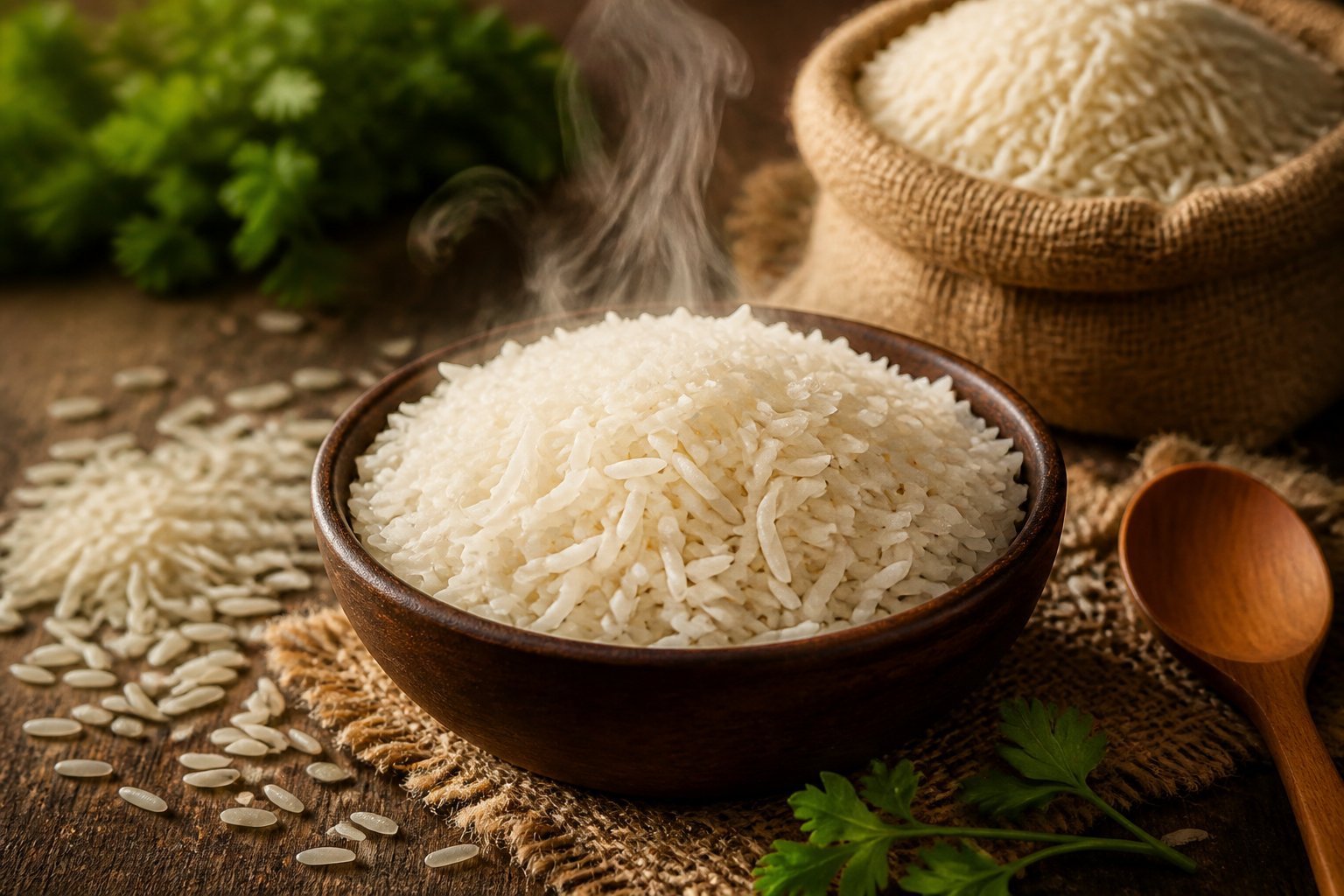 Steaming bowl of aged basmati rice with a burlap sack behind