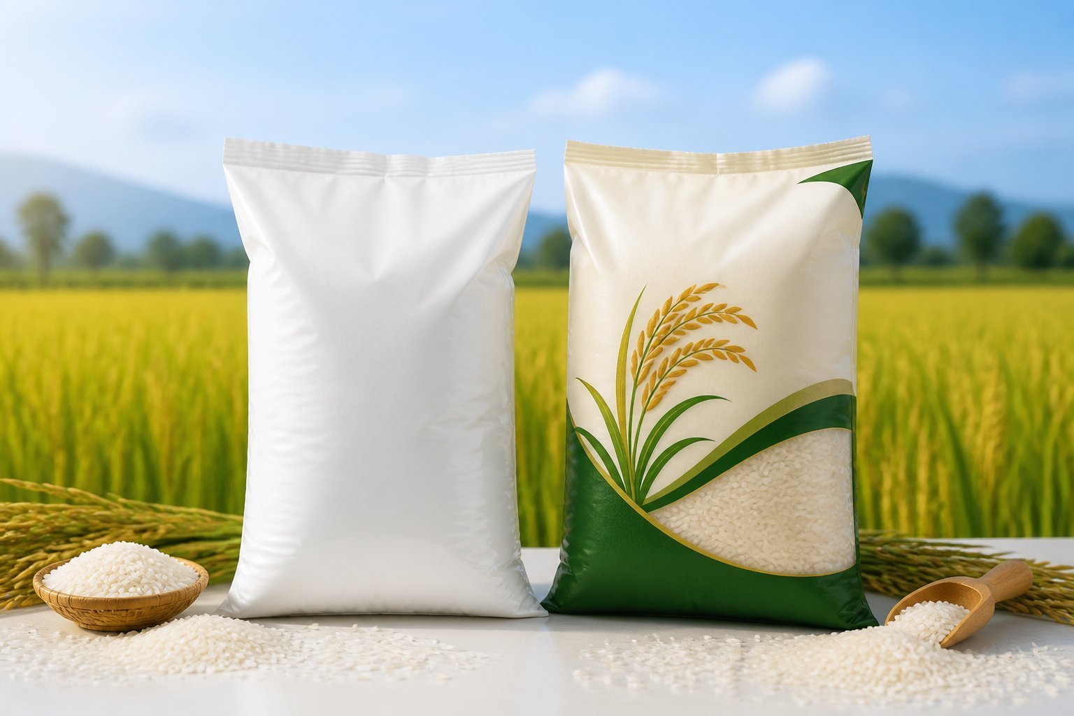 Two different rice bags side by side with scattered grains