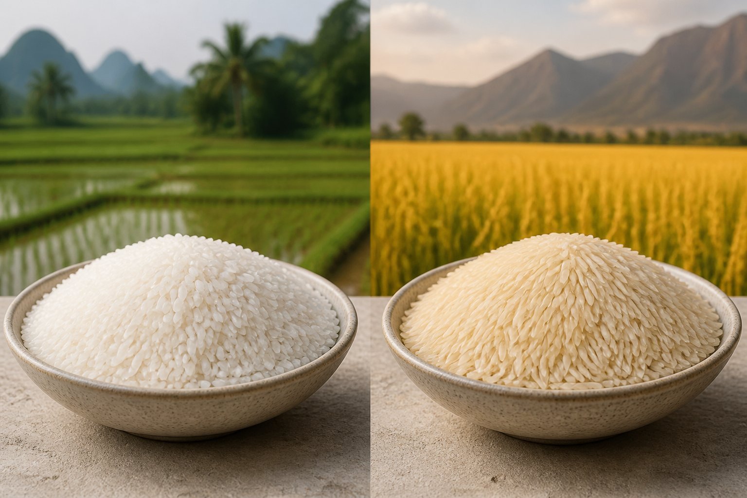 Vietnam rice vs Pakistan rice: two bowls with green and golden paddy fields behind