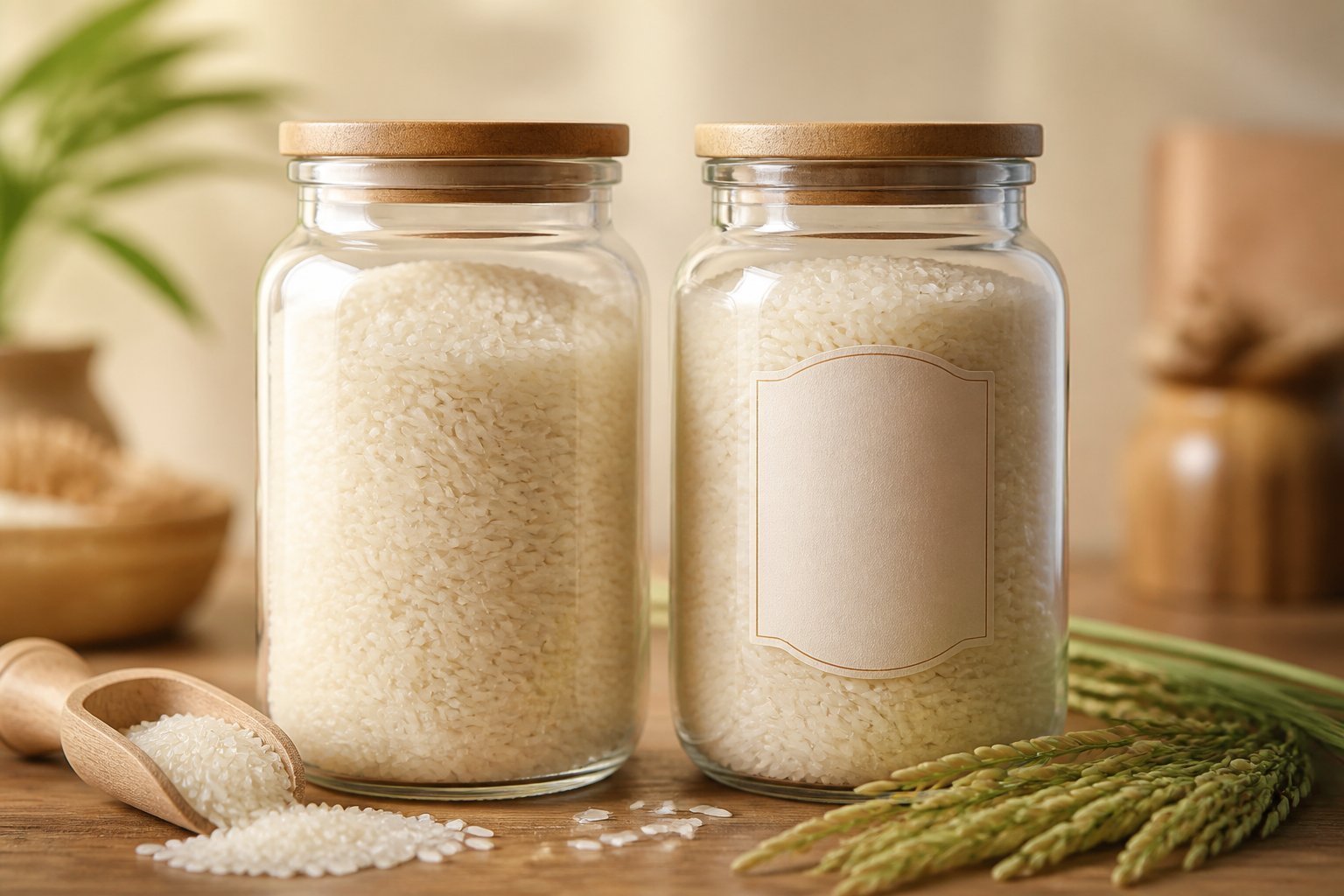 White label vs private label rice: a plain jar beside a labelled jar